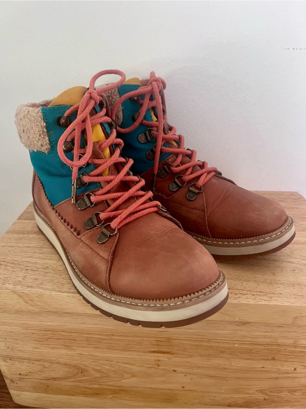 TOMS Women's Mesa lace-up boots. Brown Leather, teal, yellow.